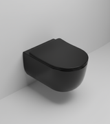 RIMLESS WALL HUNG WC WITH UF SOFT CLOSE SLIM SEAT COVER, HINGES, ACCESSORIES SET ( BOLT DISTANCE 7INCH) - LUXELET -  ( BLACK - ORRA COLLECTION - 490x355x320 mm - 19.6inchX14.2inchX12.8inch )