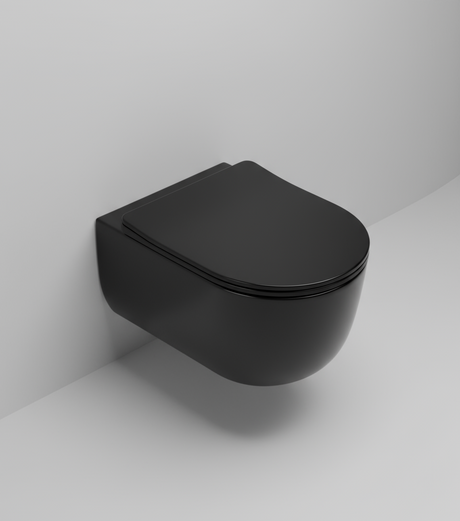 RIMLESS WALL HUNG WC WITH UF SOFT CLOSE SLIM SEAT COVER, HINGES, ACCESSORIES SET ( BOLT DISTANCE 7INCH) - LUXELET -  ( BLACK - ORRA COLLECTION - 490x355x320 mm - 19.6inchX14.2inchX12.8inch )