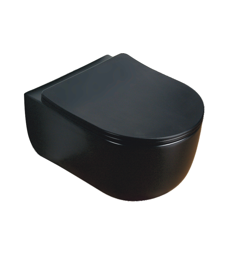 RIMLESS WALL HUNG WC WITH UF SOFT CLOSE SLIM SEAT COVER, HINGES, ACCESSORIES SET ( BOLT DISTANCE 7INCH) - LUXELET -  ( BLACK - ORRA COLLECTION - 490x355x320 mm - 19.6inchX14.2inchX12.8inch )