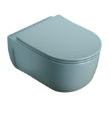 RIMLESS WALL HUNG WC WITH UF SOFT CLOSE SLIM SEAT COVER, HINGES, ACCESSORIES SET ( BOLT DISTANCE 7INCH) - LUXELET -  ( FOREST GREEN - ORRA COLLECTION - 490x355x320 mm - 19.6inchX14.2inchX12.8inch )