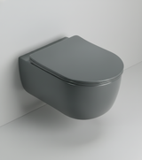 Gray wall-mounted toilet with a closed seat on a white background