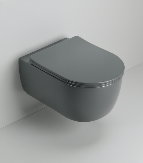 Gray wall-mounted toilet with a closed seat on a white background