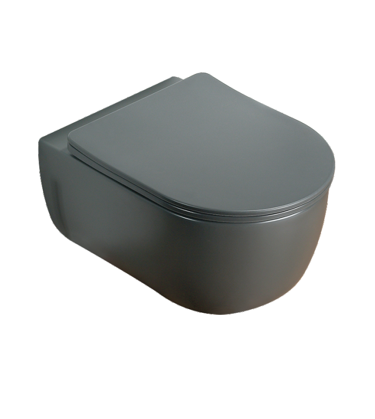 RIMLESS WALL HUNG WC WITH UF SOFT CLOSE SLIM SEAT COVER, HINGES, ACCESSORIES SET ( BOLT DISTANCE 7INCH) - LUXELET -  ( GREY - ORRA COLLECTION - 490x355x320 mm - 19.6inchX14.2inchX12.8inch )