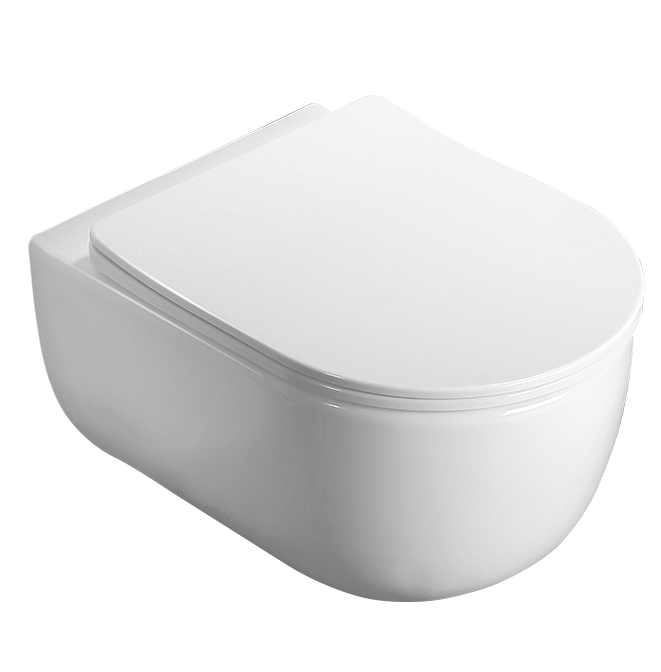 RIMLESS WALL HUNG WC WITH UF SOFT CLOSE SLIM SEAT COVER, HINGES, ACCESSORIES SET ( BOLT DISTANCE 7INCH) - LUXELET -  ( WHITE - ORRA COLLECTION - 490x355x320 mm - 19.6inchX14.2inchX12.8inch )