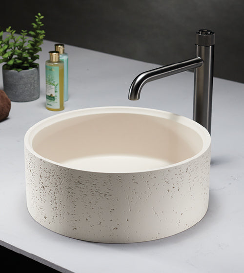 CONCRETE TABLE MOUNTED WASH BASIN ROUND SHAPE WITH A ROUGH TEXTURE ON THE OUTSIDE INCLUDES POP UP WASTE COUPLING - AQUANT -  ( MATT IVORY -  - 395x150 mm - 15.8inchX6inch )