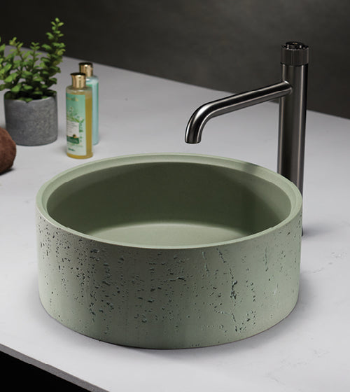 CONCRETE TABLE MOUNTED WASH BASIN ROUND SHAPE WITH A ROUGH TEXTURE ON THE OUTSIDE INCLUDES POP UP WASTE COUPLING - AQUANT -  ( OLIVE GREEN -  - 395x150 mm - 15.8inchX6inch )