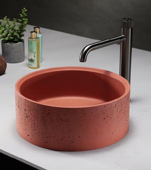 CONCRETE TABLE MOUNTED WASH BASIN ROUND SHAPE WITH A ROUGH TEXTURE ON THE OUTSIDE INCLUDES POP UP WASTE COUPLING - AQUANT -  ( TERRACOTTA RED -  - 395x150 mm - 15.8inchX6inch )