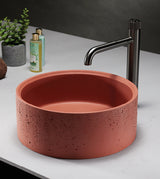 CONCRETE TABLE MOUNTED WASH BASIN ROUND SHAPE WITH A ROUGH TEXTURE ON THE OUTSIDE INCLUDES POP UP WASTE COUPLING - AQUANT -  ( TERRACOTTA RED -  - 395x150 mm - 15.8inchX6inch )