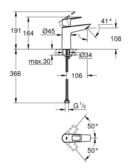 NEW BAULOOP 1-HANDLE BASIN MIXER WITHOUT POP-UP, M SIZE - GROHE-G2 -  ( CHROME - G2 - BAUCOSMOPOLITAN - 0x0 mm - 0inchX0inch )