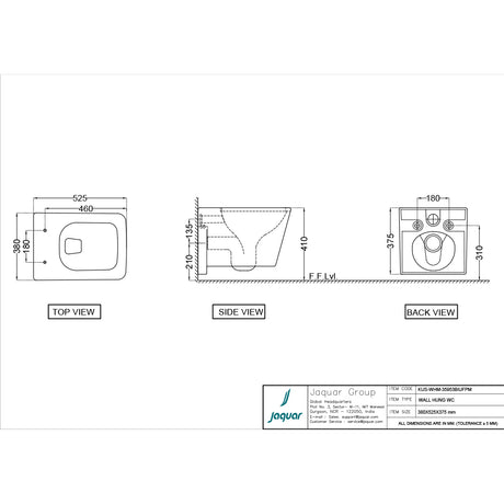 RIMLESS, BLIND INSTALLATION WALL HUNG WC WITH UF SOFT CLOSE SLIM SEAT COVER, HINGES, ACCESSORIES SET - JAQUAR SWARE - ( GRM - KUBIX PRIME - 500x360 mm - 20inchX14.4inch )