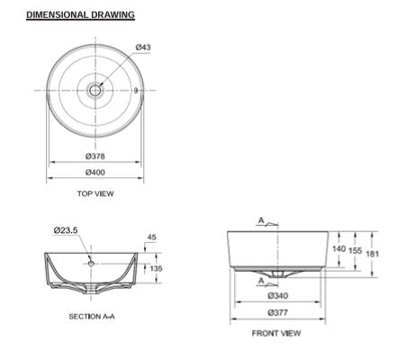 WASH BASIN ROUND COUNTER TOP - AMERICAN STANDARD -  ( WHITE - ACACIA E - 400x400 mm - 16inchX16inch )
