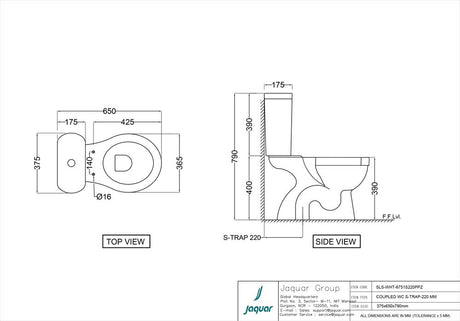 EWC COUPLD W.CSTRN 220MM S-TRAP W/PP SOFT CLOSE SEAT CVR - JAQUAR SWARE - ( WHITE - SOLO - 650x375 mm - 26inchX15inch )