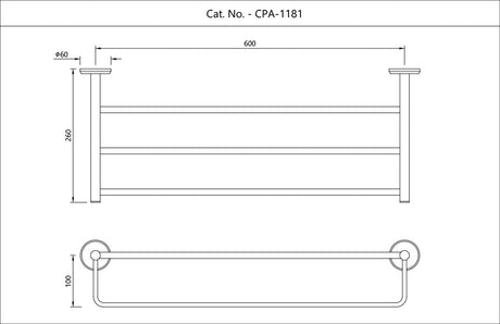 TOWEL RACK 600MM LONG WITH LOWER HANGERS - JAQUAR FAUCETS - ( CHROME - CONTINENTAL PRIME - 0x600 mm - 0inchX24inch )