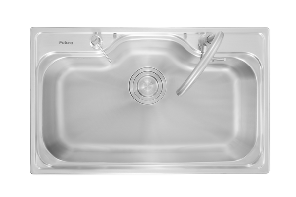 SS SINK 1.0 BOWL W/O DRAIN BOARD (DEPTH 9)WITH  FA-03C FAUCET,  FA-004 LIQUID SOAP DISPENSER, DS-003 SCRUBBER, FA-12 SMALL WIRE BASKET, CHOPPING BOARD,FR-001 WASTE COUPLING, - FUTURA -  ( SS FINISH - DESIGNER SINK - 790x485 mm - 31inchX19.4inch )