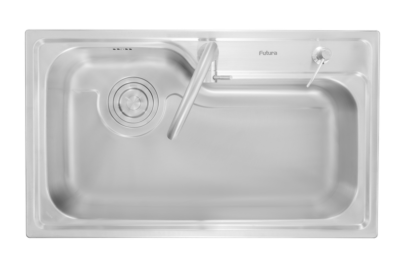 SS SINK 1.0 BOWL W/O DRAIN BOARD (DEPTH 9) WITH DS-001 CHOPPING BOARD, FA-03C FAUCET, DS-002 SMALL WIRE BASKET, DS-004 LIQUID SOAP DISPENSER - FUTURA -  ( SS FINISH - DESIGNER SINK - 850x500 mm - 33.5inchX20inch )