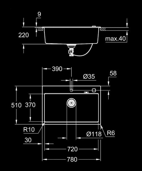 K700 SINK 80 -C 78/51 1.0 - GROHE-G2 -  ( GRANITE BLACK - K700 - 720x370 mm - 28.8inchX14.8inch )