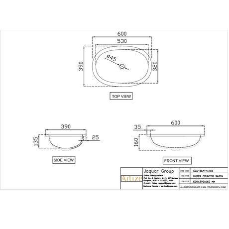 UNDER COUNTER BASIN WITH FIXING ACCESS - ARTIZE SWARE -  ( BLACK MATT - SIGNAC - 600x390 mm - 24inchX15.6inch )