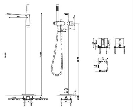 FREE STANDING BRASS BATH MIXER WITH HAND SHOWER - AQUANT - ( BRUSHED ROSE GOLD - WAVE SERIES - 1050x0 mm - 42inchX0inch )