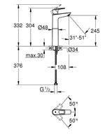 NEW BAULOOP 1-HANDLE BASIN MIXER WITHOUT POP-UP, XL SIZE - GROHE-G2 -  ( CHROME - G2 - BAUCOSMOPOLITAN - 0x15 mm - 0inchX0.5inch )