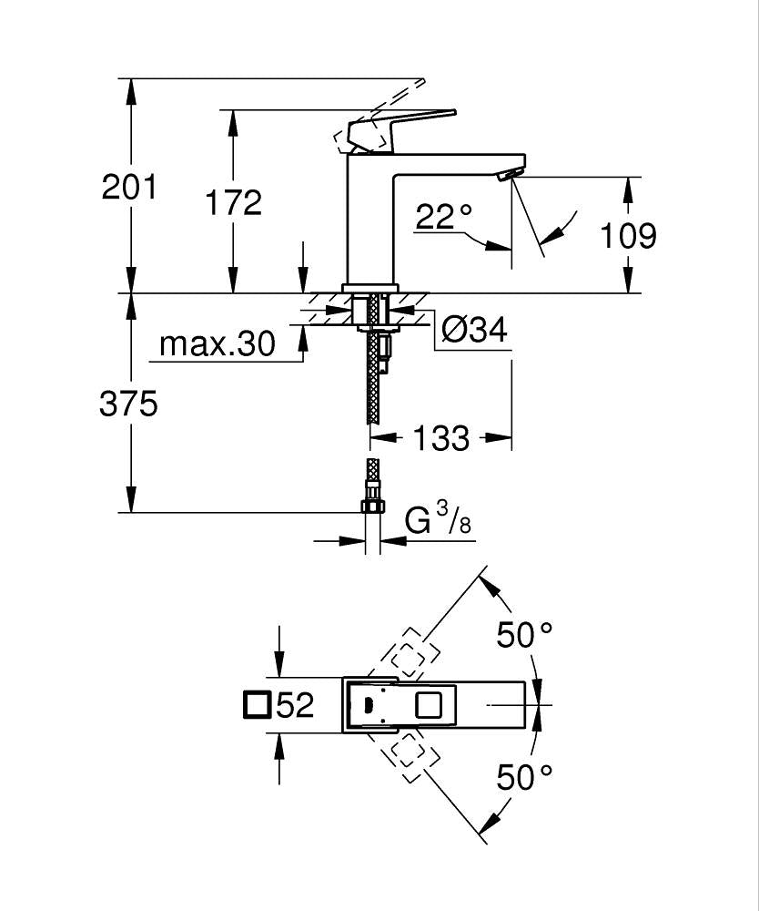 EUROCUBE 1-HANDLE BASIN MIXER WITHOUT POP UP, M SIZE - GROHE -  ( CHROME - G4 - EUROCUBE - 0x15 mm - 0inchX0.6inch )