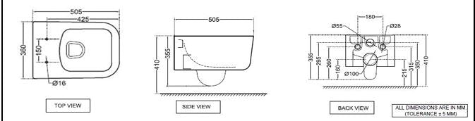 WALL HUNG WC WITH SEAT COVER, HINGES ( BOLT DISTANCE 7INCH)- ARTIZE SWARE -  ( WHITE - LE BLANC - 530x375 mm - 15inchX0inch )