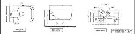 WALL HUNG WC WITH SEAT COVER, HINGES ( BOLT DISTANCE 7INCH)- ARTIZE SWARE -  ( WHITE - LE BLANC - 530x375 mm - 15inchX0inch )
