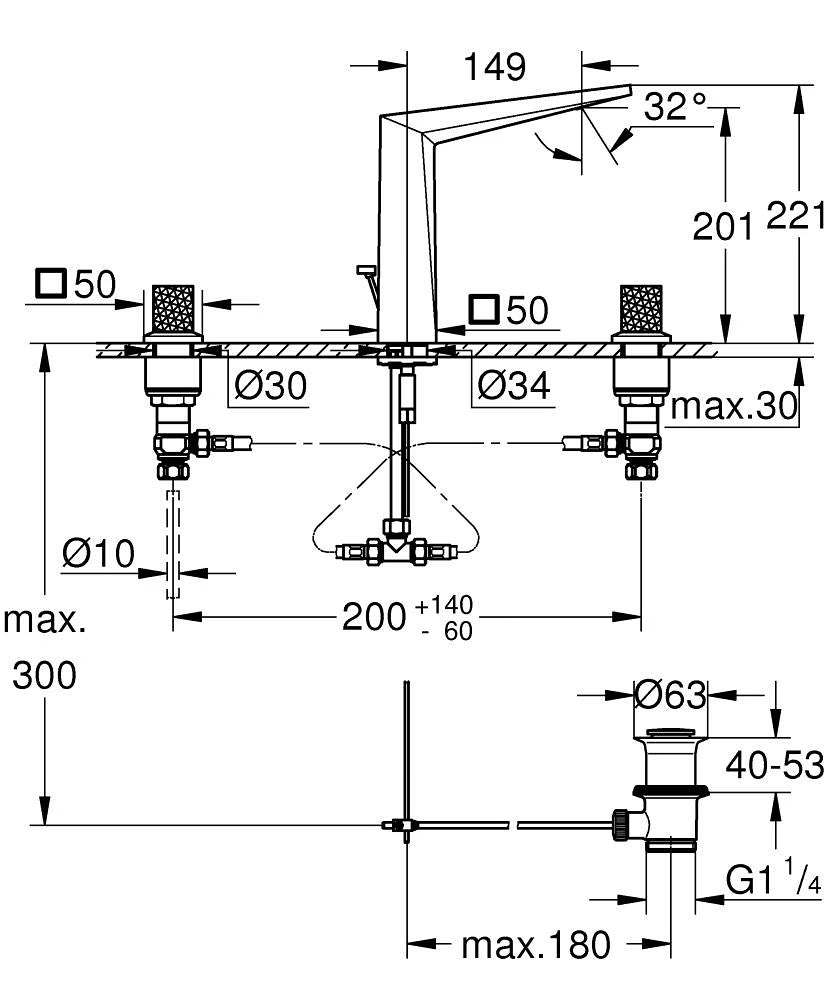 ALLURE BRILLIANT THREE HOLE BASIN MIXER M-SIZE SUPERSTEEL W/KNURLED TRAPEZE HANDLES - GROHE -  ( SUPERSTEEL - G5 - ALLURE BRILLIANT PRIVATE - 0x15 mm - 0inchX0.5inch )