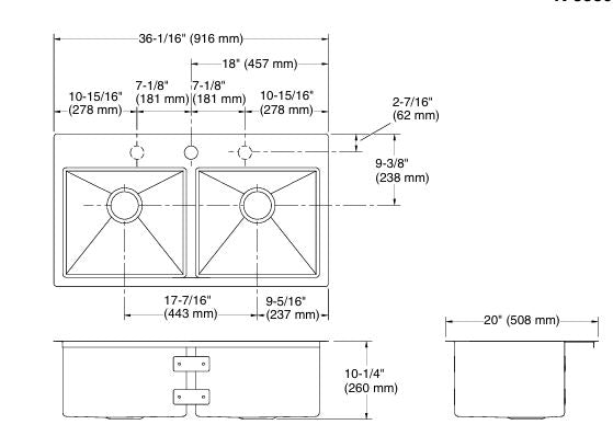 STRIVE TM SS DOUBLE BOWL UNDERMOUNT FABRICATED (DEPTH 10 INCH)- KOHLER LUXURY -  (  - LUXURY - 914x508 mm - 36inchX20inch )