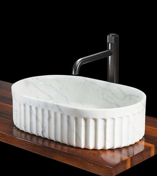 BELLA SNOW TABLE MOUNTED MARBLE STONE WASH BASIN - AQUANT -  ( STATUARIO MARBLE - STATUARIO MARBEL COLLECTION - 550x350x150 mm - 22inchX14inchX6inch )
