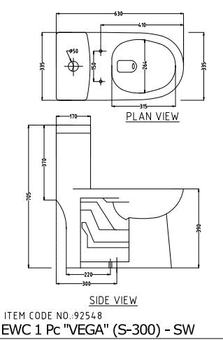 (PRUN) E.W.C VEGA ONE-PIECE S-TRAP 300MM - HINDWARE -  ( STAR WHITE - ITALIAN - 0x0 mm - 0inchx0inch )