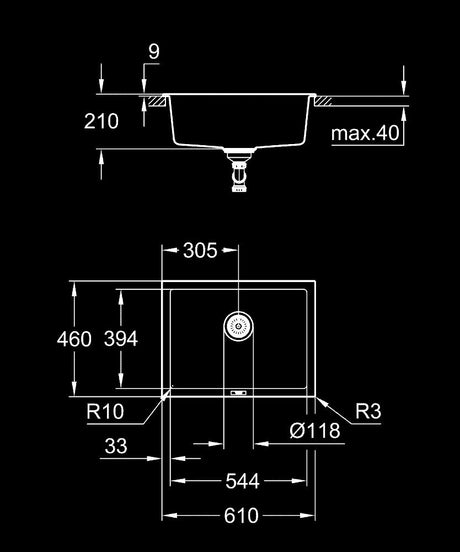 K700U SINK 70 -C 61/45,7 1.0 - GROHE-G2 -  ( GRANITE BLACK - K700 - 0x0 mm - 0inchX0inch )