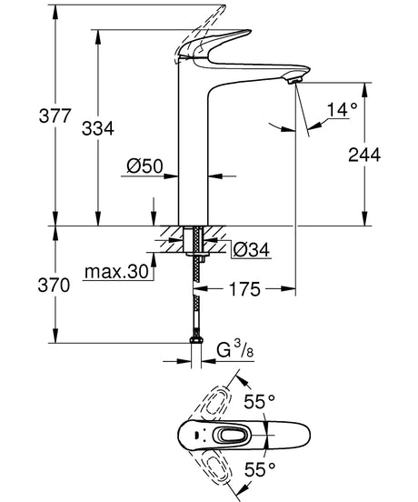 EUROSTYLE 2015 1-HANDLE BASIN MIXER WITHOUT POP-UP, XL SIZE - GROHE -  ( CHROME - G3 - EUROSTYLE - 0x10 mm - 0inchX0.38inch )
