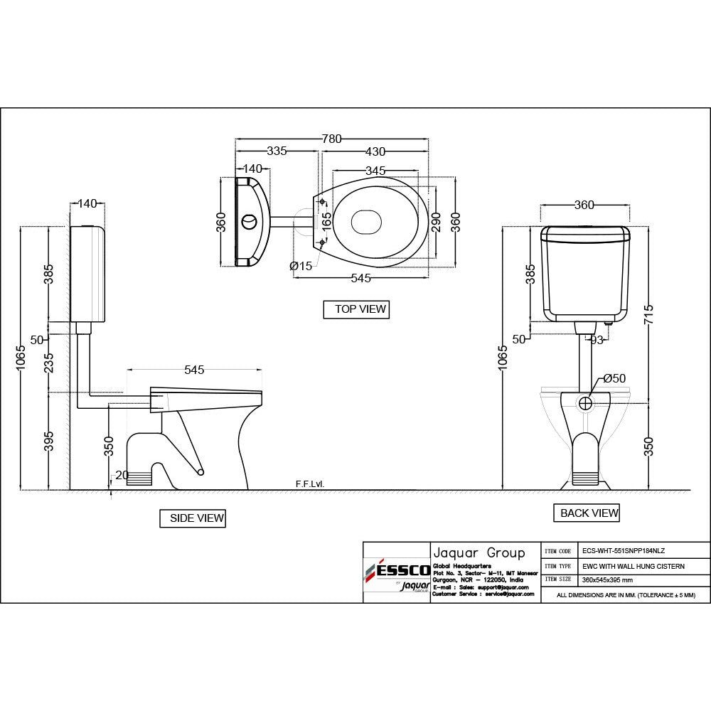EWC WITH WALL HUNG CISTERN, 39MM DRAINAG  ( BOLT DISTANCE 9 INCH)- ESSCO SWARE -  ( WHITE - ESSCO SANITARY WARE - 0x0 mm - 0inchX0inch )
