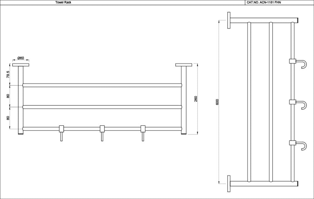 TOWEL RACK WITHOUT LOWER HANG W/3 HOOKS - JAQUAR FAUCETS -  ( BLACK MATT - CONTINENTAL ACC. - 0x600 mm - 24inchX0inch )