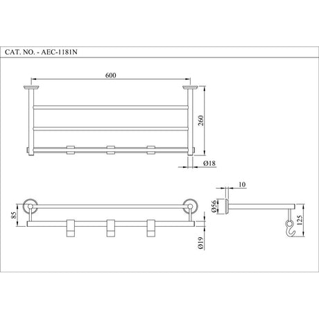 TOWEL SHELF WITH LOWER HANGERS - ESSCO FAUCET -  ( CHROME - ACCESSORIES - 0x600 mm - 0inchX24inch )