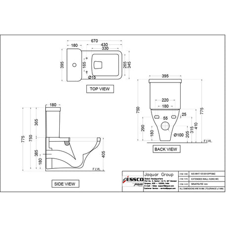 WALL HUNG EWC P TRAP 205MM W/PP SLIM CLOSE SEAT COVER & ACCESSORIES - ESSCO SWARE -  ( WHITE - ASPIRE - 670x395 mm - 26.8inchX15.8inch )