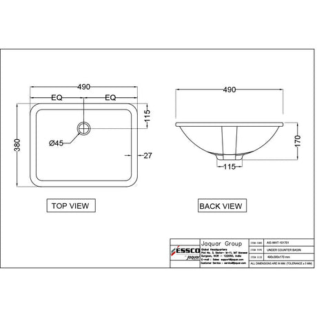 RECTANGULAR UNDER COUNTER BASIN W/FIXING ACC. - ESSCO SWARE -  ( WHITE - ASPIRE - 0x0 mm - 0inchx0inch )