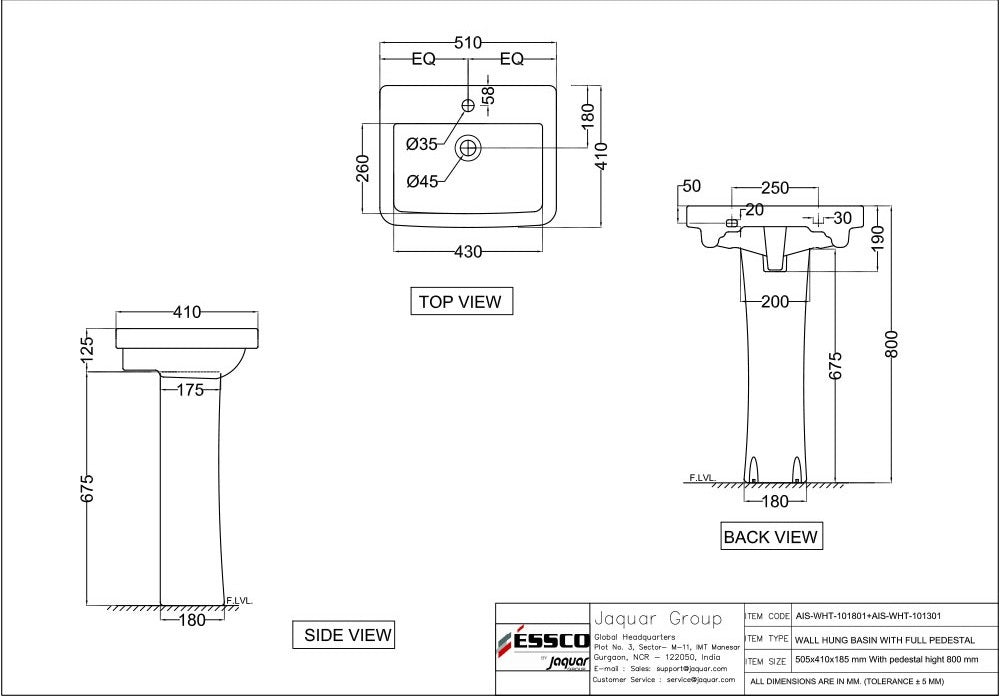 WALL HUNG WASH BASIN - ESSCO SWARE -  ( WHITE -  - 475x360 mm - 19inchX14.4inch )