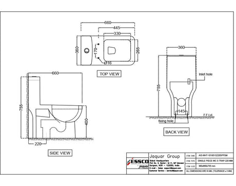 SIN PIEC WC S-220MM W/PP SOFT CLOS S/CVR - ESSCO SWARE -  ( WHITE - ASPIRE - 360x660 mm - 14inchX26inch )