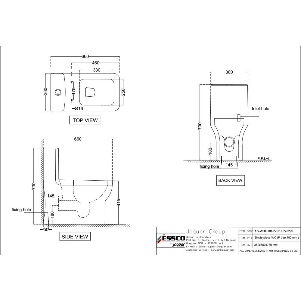 EWC RIMLESS SINGLE PIECE WC WITH PP/SFT CL SLM/SC W/ACC P TRAP- 180 mm - ESSCO SWARE -  ( WHITE - ASPIRE - 660x360 mm - 26.4inchX14.4inch )