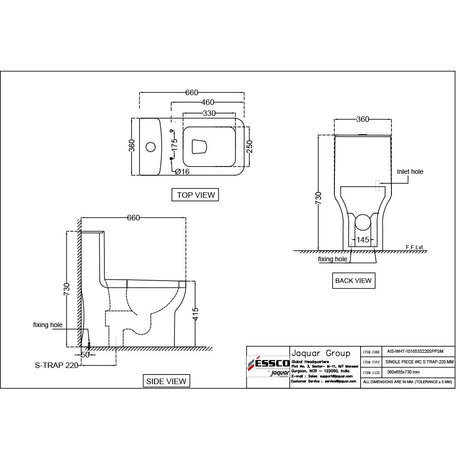 ECW RIMLESS S TRAP 220MM SINGLE PIECE WC W/PP SF SCV - ESSCO SWARE -  ( WHITE - ASPIRE - 660x360 mm - 26.4inchX14.4inch )
