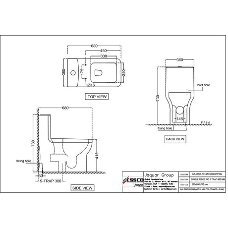 EWC RIMLESS SINGLE PIECE WC WITH PP/SFT CL SLM/SC W/ACC S TRAP- 300MM - ESSCO SWARE -  ( WHITE - ASPIRE - 680x360 mm - 27.2inchX14.4inch )