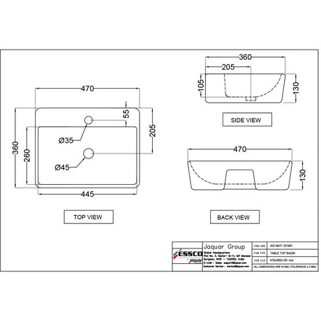 WASH BASIN TABLE TOP - ESSCO SWARE -  ( WHITE -  - 470x360 mm - 18.5inchX14inch )