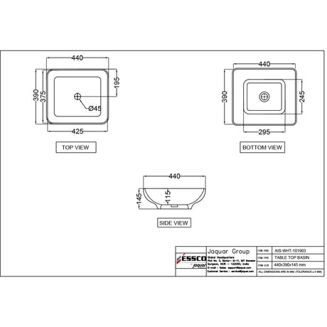 WASH BASIN TABLE TOP - ESSCO SWARE -  ( WHITE - ASPIRE - 440x390 mm - 17.6inchX15.6inch )