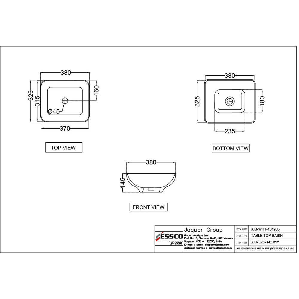 WASH BASIN TABLE TOP - ESSCO SWARE -  ( WHITE - ASPIRE - 380x325 mm - 15.2inchX13inch )