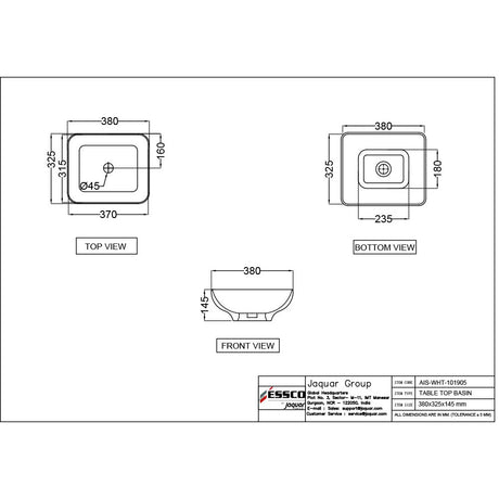 WASH BASIN TABLE TOP - ESSCO SWARE -  ( WHITE - ASPIRE - 380x325 mm - 15.2inchX13inch )