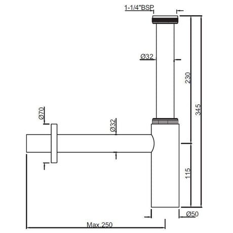 BOTTLE TRAP 32MM SIZE WITH 250MM & 190MM LONG PIPES & WALL FLANGE - JAQUAR FAUCETS -  ( BLUSH GOLD PVD - ALLIED - 0x32 mm - 0inchX1.28inch )