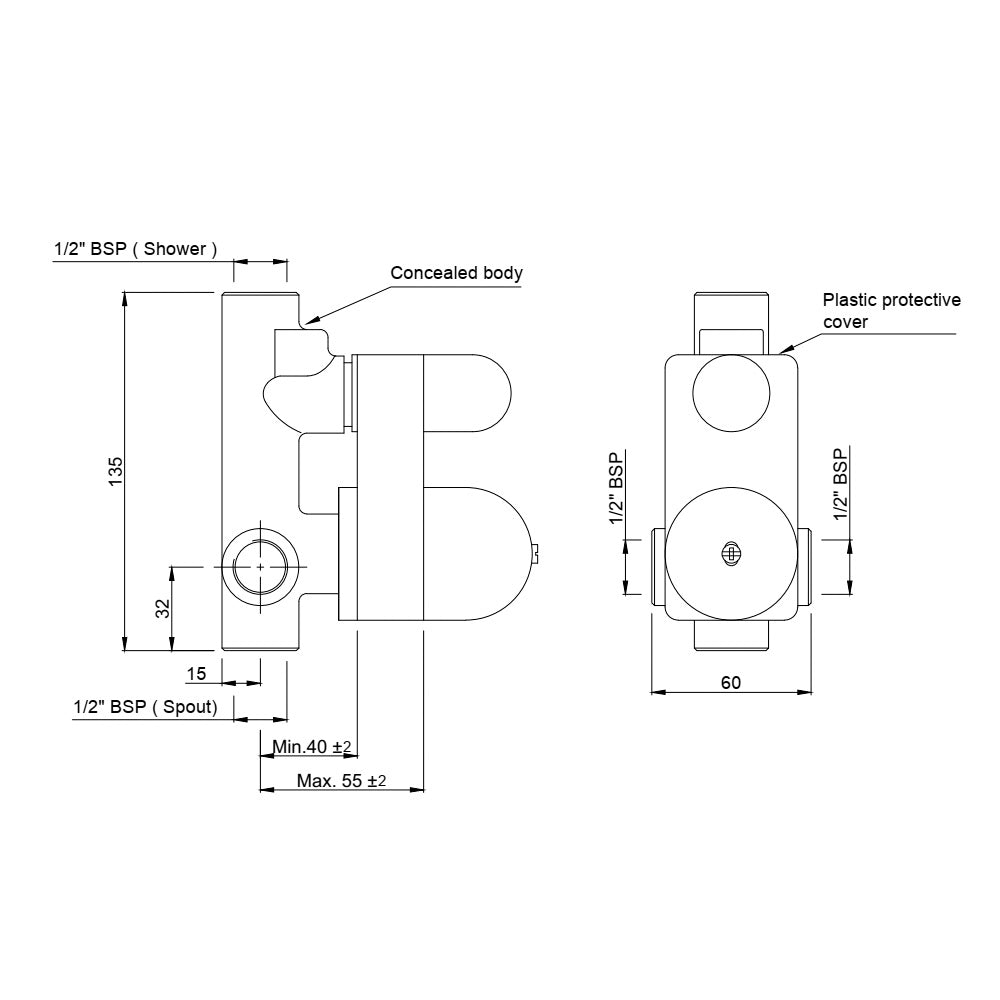 CONCEALED BODY FOR SINGLE LEVER DIVERTER - JAQUAR FAUCETS -  ( CHROME - CONTINENTAL PRIME - 0x15 mm - 0inchX0.5inch )