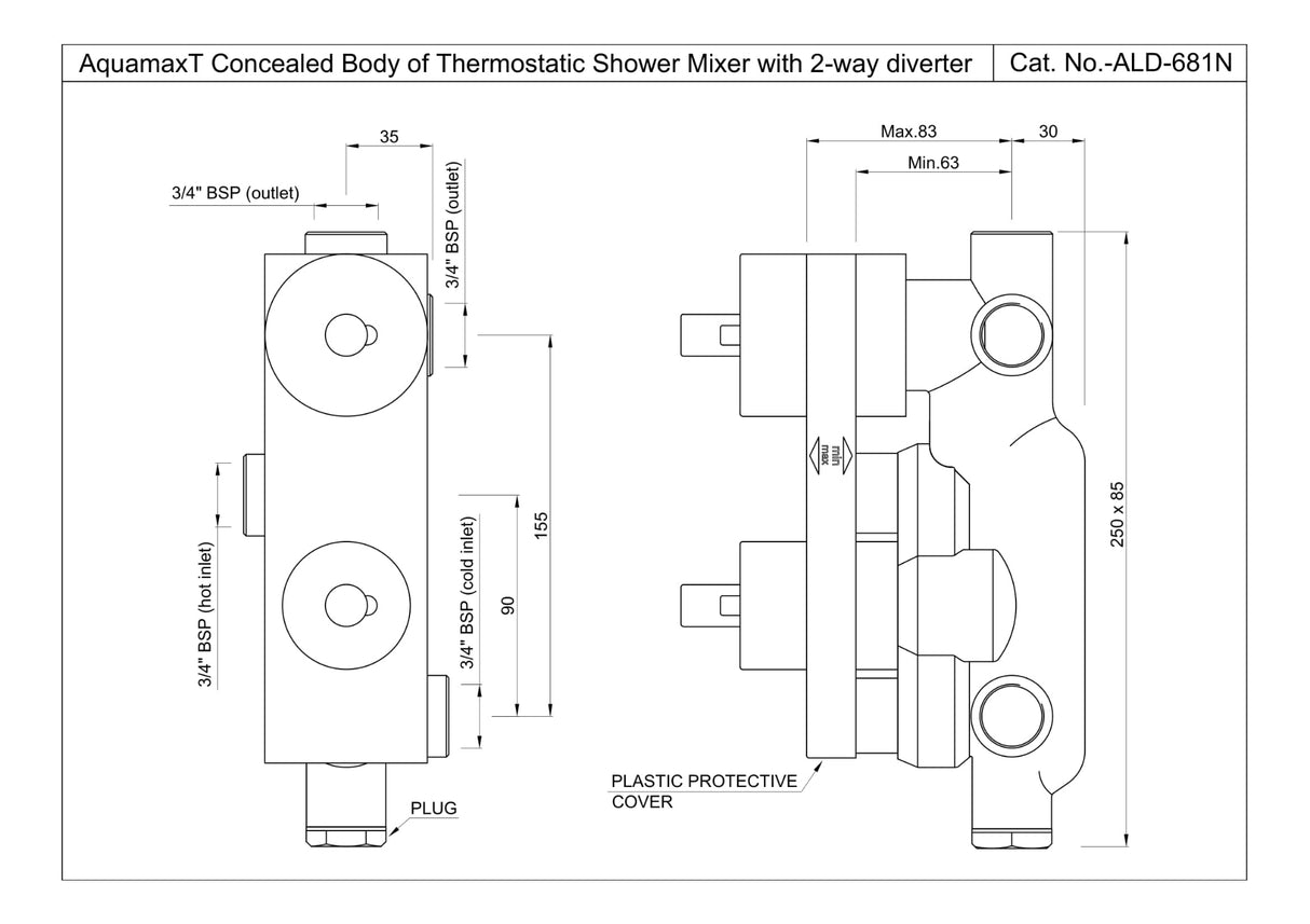 AQUAMAX CONCEALED BODY OF THERMOSTATIC SHOWER MIXER WITH 2-WAY DIVERTER W/O EXPOSED PARTS & SLEEVE - JAQUAR FAUCETS - ( CHROME - ALLIED - 0x0 mm - 0inchX0inch )