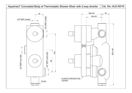 AQUAMAX CONCEALED BODY OF THERMOSTATIC SHOWER MIXER WITH 2-WAY DIVERTER W/O EXPOSED PARTS & SLEEVE - JAQUAR FAUCETS - ( CHROME - ALLIED - 0x0 mm - 0inchX0inch )